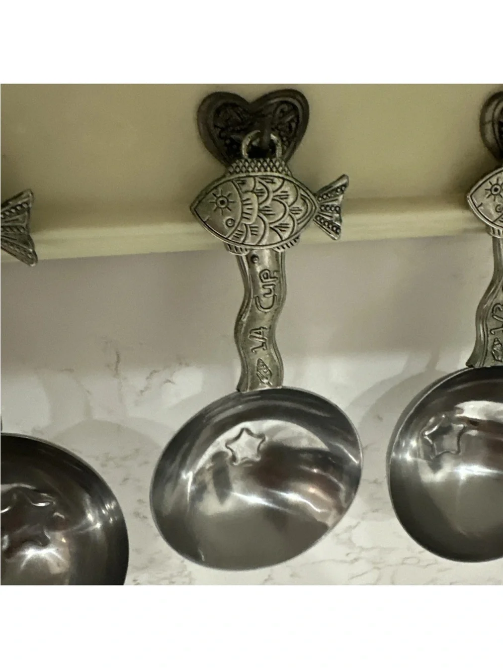 Vintage Silver Toned Fish Measuring Cups With Wall Mounted Hanger